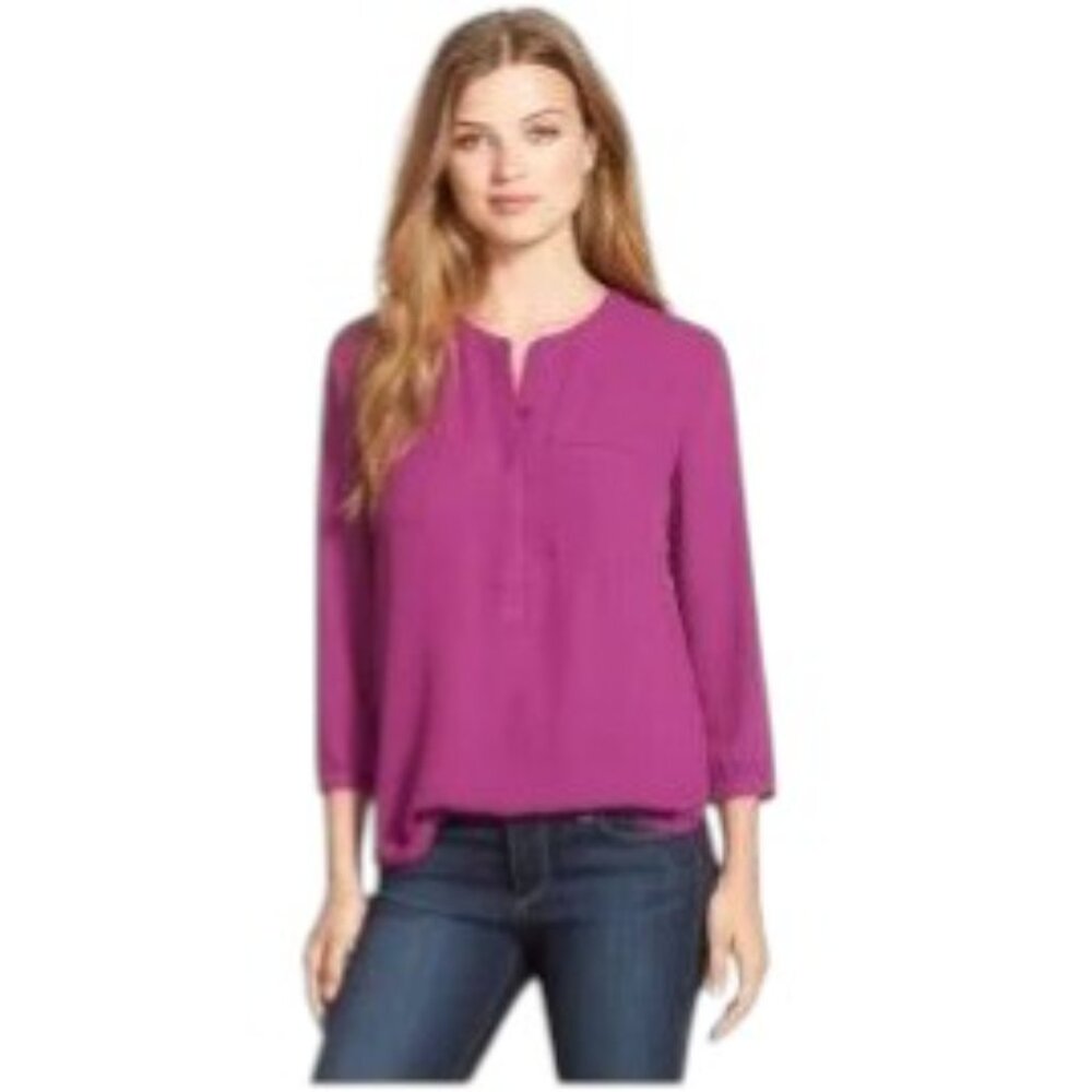 EUC NYDJ Hot Pink Henley Pintuck 1/2 Button Up Front Pocket Blouse